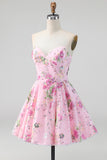 Strapless A Line Floral Sequin Black Homecoming Dress with Lace-up Back