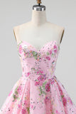 Strapless A Line Floral Sequin Black Homecoming Dress with Lace-up Back