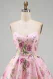 Strapless A Line Floral Sequin Black Homecoming Dress with Lace-up Back