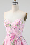 Strapless A Line Floral Sequin Black Homecoming Dress with Lace-up Back
