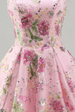 Strapless A Line Floral Sequin Black Homecoming Dress with Lace-up Back