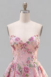 Strapless A Line Floral Sequin Black Homecoming Dress with Lace-up Back