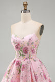 Strapless A Line Floral Sequin Black Homecoming Dress with Lace-up Back