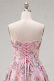 Strapless A Line Floral Sequin Black Homecoming Dress with Lace-up Back