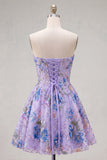Strapless A Line Floral Sequin Black Homecoming Dress with Lace-up Back