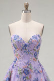 Strapless A Line Floral Sequin Black Homecoming Dress with Lace-up Back