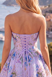 Strapless A Line Floral Sequin Black Homecoming Dress with Lace-up Back