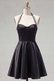 Black A Line Halter Satin Homecoming Dress with Beading