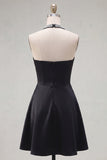 Black A Line Halter Satin Homecoming Dress with Beading