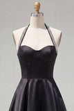 Black A Line Halter Satin Homecoming Dress with Beading