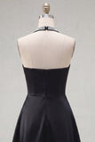 Black A Line Halter Satin Homecoming Dress with Beading