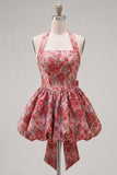 Red Flower Halter A Line Homecoming Dress with Bow