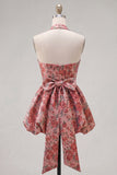 Red Flower Halter A Line Homecoming Dress with Bow