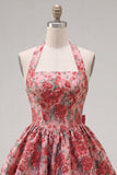 Red Flower Halter A Line Homecoming Dress with Bow