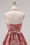 Red Flower Halter A Line Homecoming Dress with Bow