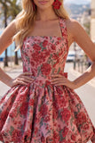 Red Flower Halter A Line Homecoming Dress with Bow