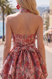 Red Flower Halter A Line Homecoming Dress with Bow