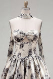 White Black Flower A Line Sweetheart Homecoming Dress with Scarf