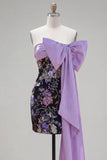 Black Strapless Bodycon Floral Sequin Homecoming Dress with Large Bow