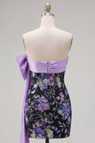 Black Strapless Bodycon Floral Sequin Homecoming Dress with Large Bow