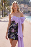 Black Strapless Bodycon Floral Sequin Homecoming Dress with Large Bow