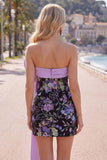Black Strapless Bodycon Floral Sequin Homecoming Dress with Large Bow