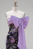 Black Strapless Bodycon Floral Sequin Homecoming Dress with Large Bow