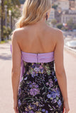 Black Strapless Bodycon Floral Sequin Homecoming Dress with Large Bow