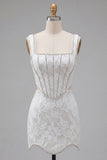 White Embroidered Bodycon Square Neck Corset Homecoming Dress with Beading