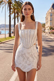 White Embroidered Bodycon Square Neck Corset Homecoming Dress with Beading