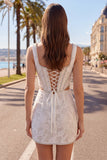 White Embroidered Bodycon Square Neck Corset Homecoming Dress with Beading