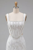 White Embroidered Bodycon Square Neck Corset Homecoming Dress with Beading