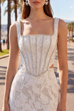 White Embroidered Bodycon Square Neck Corset Homecoming Dress with Beading