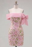 Off the Shoulder Pink Floral Sequin Bodycon Homecoming Dress with Bow
