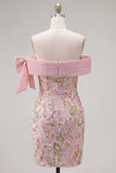Off the Shoulder Pink Floral Sequin Bodycon Homecoming Dress with Bow