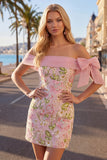 Off the Shoulder Pink Floral Sequin Bodycon Homecoming Dress with Bow