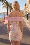 Off the Shoulder Pink Floral Sequin Bodycon Homecoming Dress with Bow