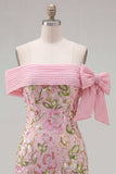 Off the Shoulder Pink Floral Sequin Bodycon Homecoming Dress with Bow