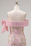 Off the Shoulder Pink Floral Sequin Bodycon Homecoming Dress with Bow