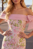 Off the Shoulder Pink Floral Sequin Bodycon Homecoming Dress with Bow