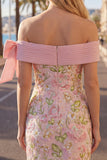 Off the Shoulder Pink Floral Sequin Bodycon Homecoming Dress with Bow