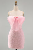 Lilac Bodycon Spaghetti Straps Floral Beaded Homecoming Dress with Bow