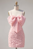 Lilac Bodycon Spaghetti Straps Floral Beaded Homecoming Dress with Bow