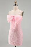 Lilac Bodycon Spaghetti Straps Floral Beaded Homecoming Dress with Bow