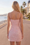 Lilac Bodycon Spaghetti Straps Floral Beaded Homecoming Dress with Bow