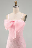 Lilac Bodycon Spaghetti Straps Floral Beaded Homecoming Dress with Bow