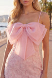 Lilac Bodycon Spaghetti Straps Floral Beaded Homecoming Dress with Bow