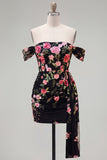 Black Off the Shoulder Floral Embroidered Bodycon Homecoming Dress with Sash