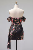 Black Off the Shoulder Floral Embroidered Bodycon Homecoming Dress with Sash