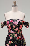 Black Off the Shoulder Floral Embroidered Bodycon Homecoming Dress with Sash